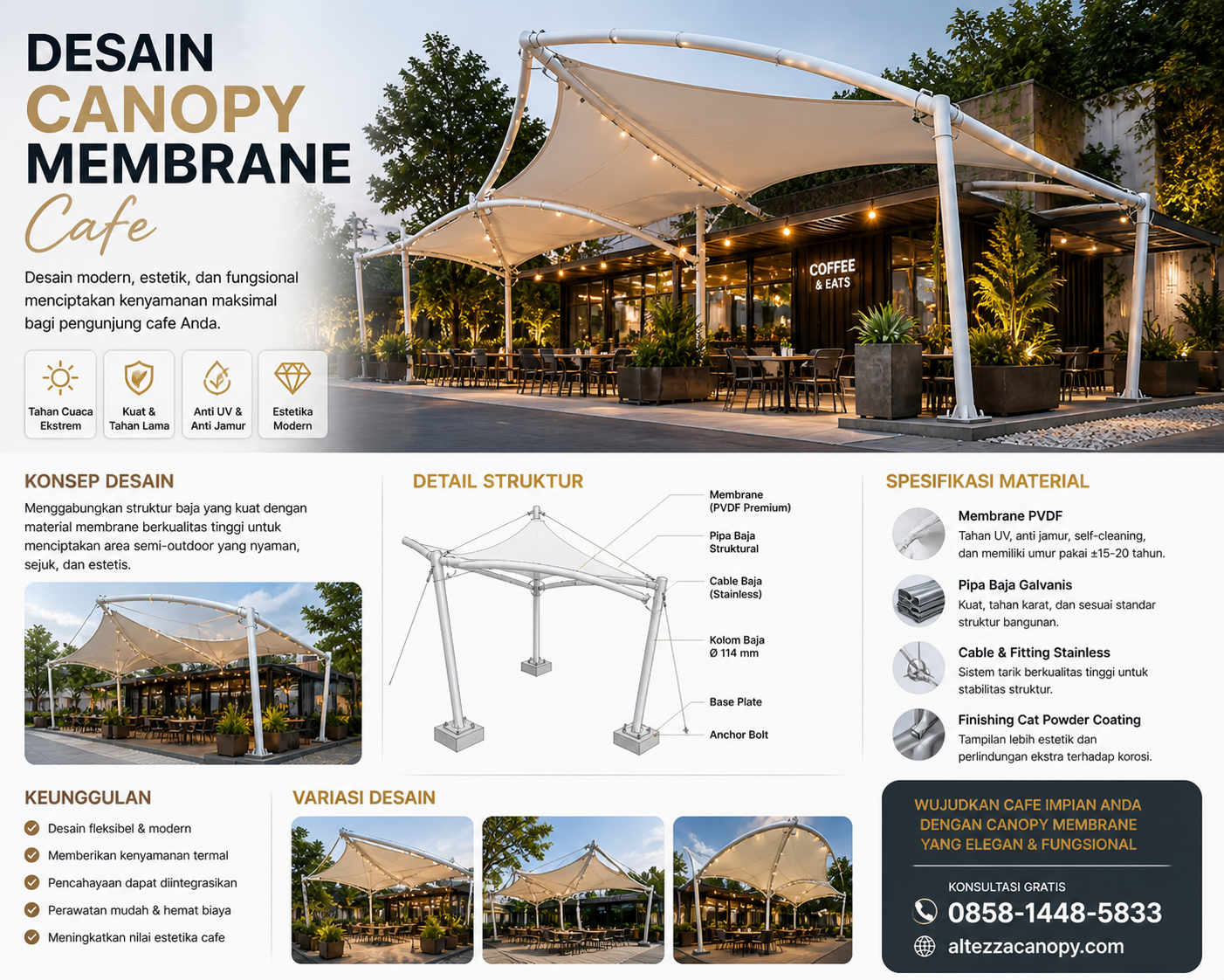 Inspirasi Desain Canopy Membrane Estetik dan Modern untuk Bangunan Cafe dan Restoran